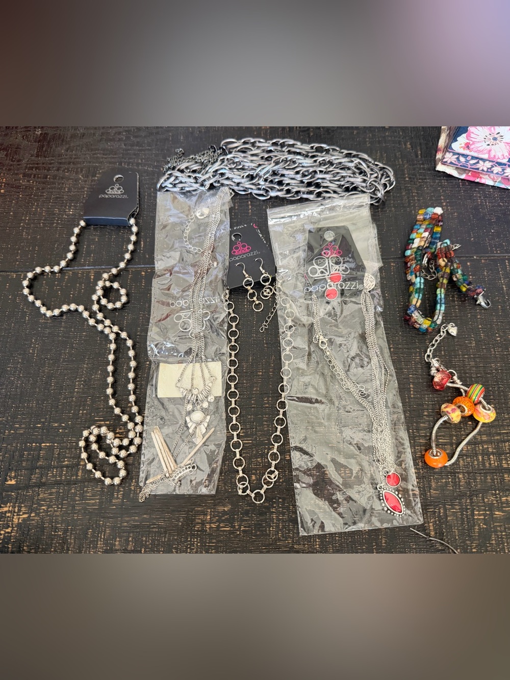 Paparazzi Silver-Tone Multi-Layer Necklace Set with Red Accents